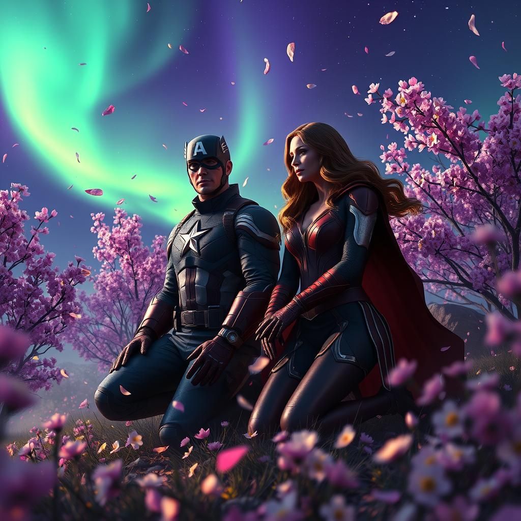 Captain America and Scarlet Witch in Cherry Blossom Field