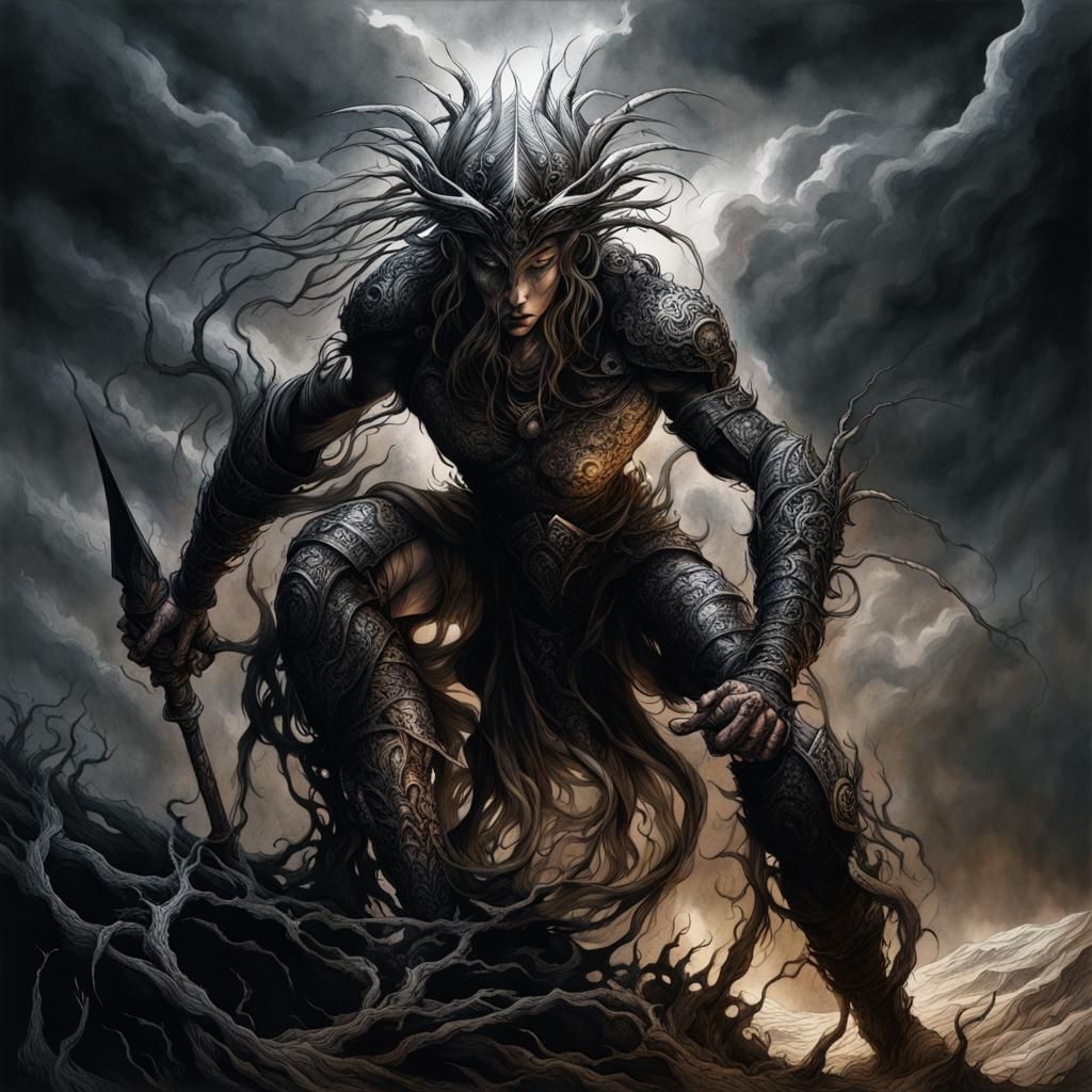 Eldritch Ink Drawing of a Warrior Princess