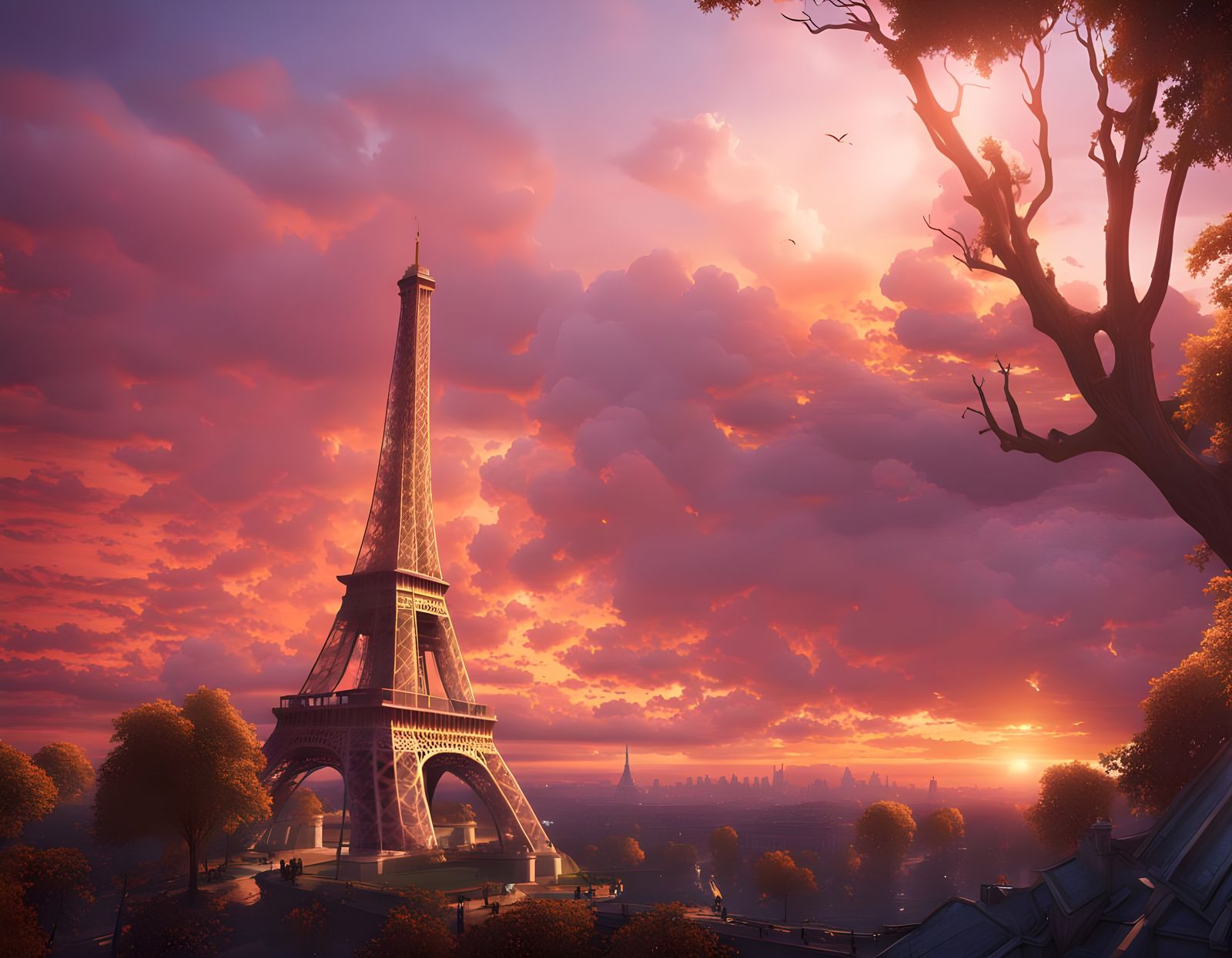 Eiffel Tower in Sunset Glow: Detailed Digital Painting