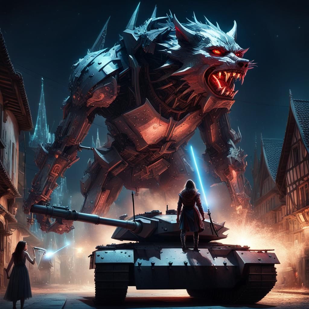 "powerful scene Sci-fi knight facing a demon wolf on a futuristic war tank