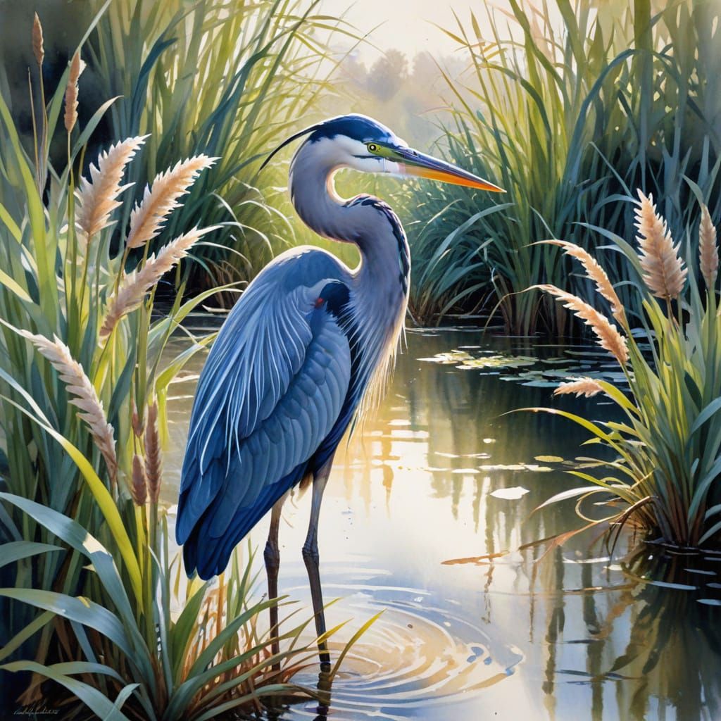 Blue Heron Watercolor in Pre-Raphaelite Style