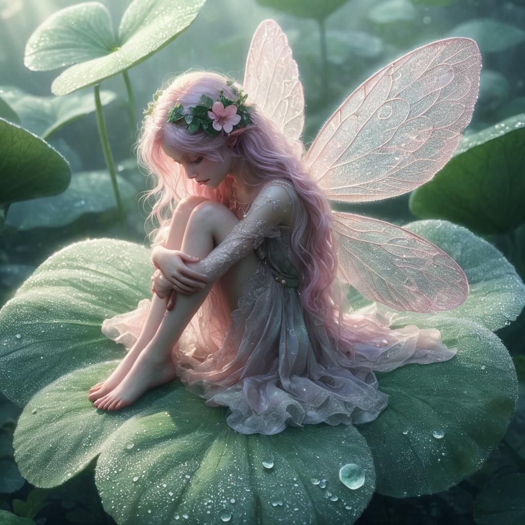 A fairy sitting on a four-leaf clover