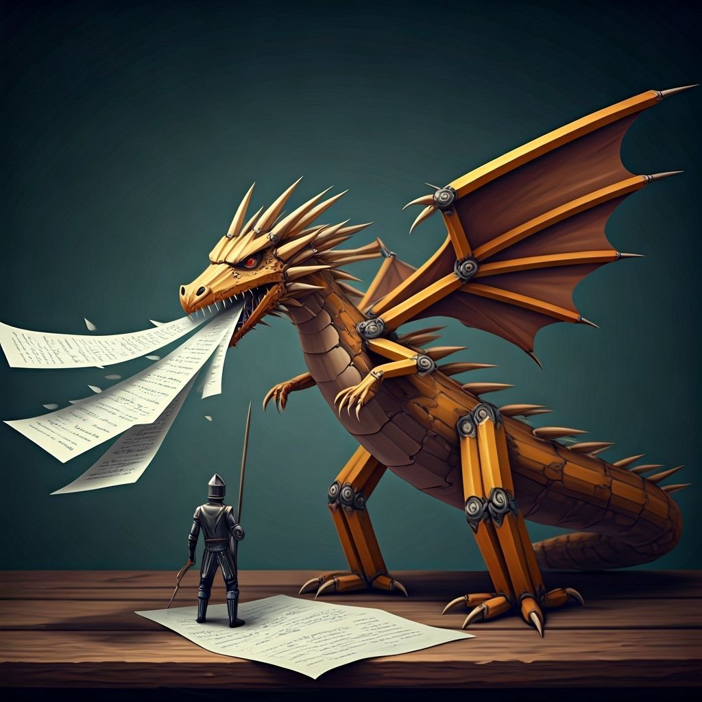 A dragon made out of pencils breathing paper at an eraser kn...