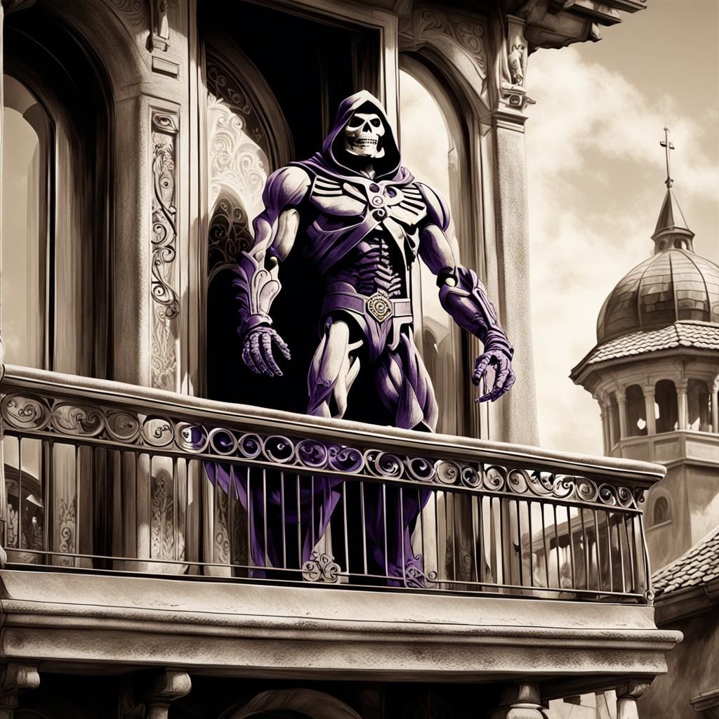 Skeletor on Balcony in Sepia Art Illusion
