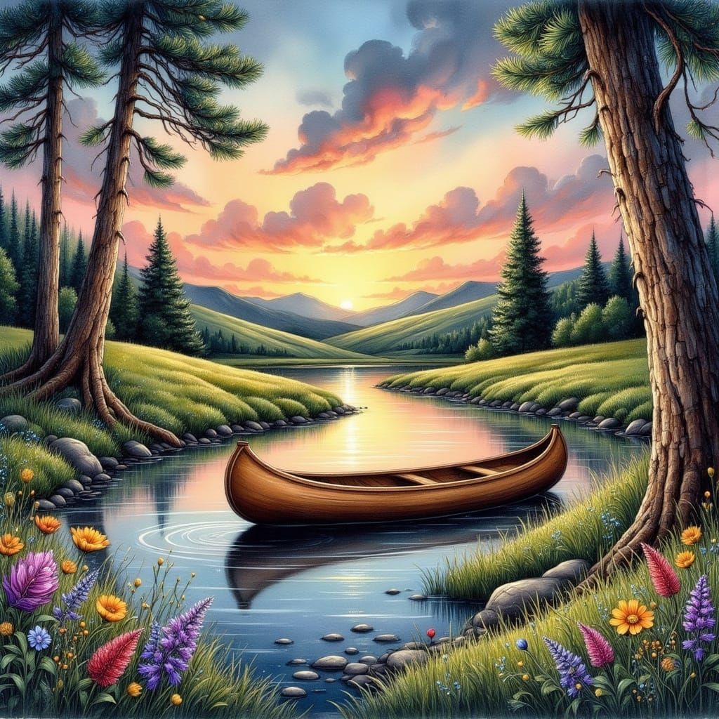 Sunset Canoe on Calm River, Watercolor Illustration