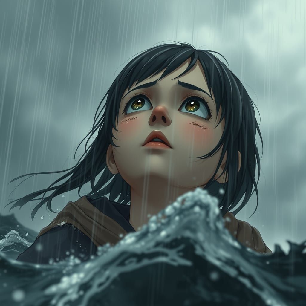Girl Overwhelmed by Torrential Rain in a Darkened World