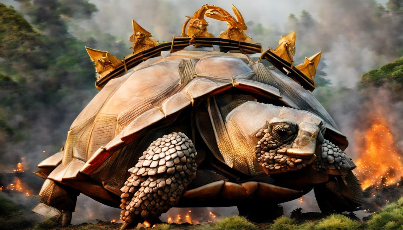 Giant Tortoise with Golden Serpent-Dragons in a Burning Fore...