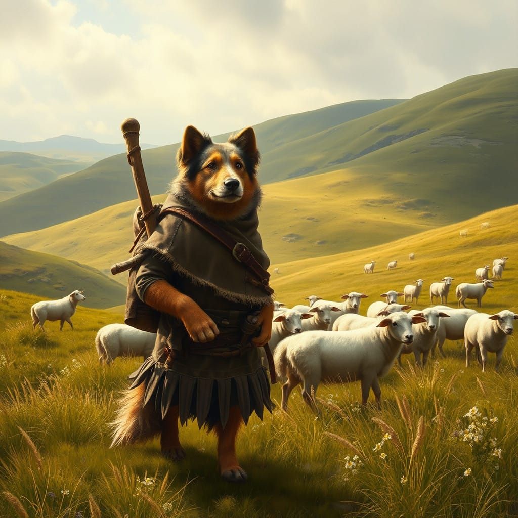 Humanoid Dog in Golden Landscape