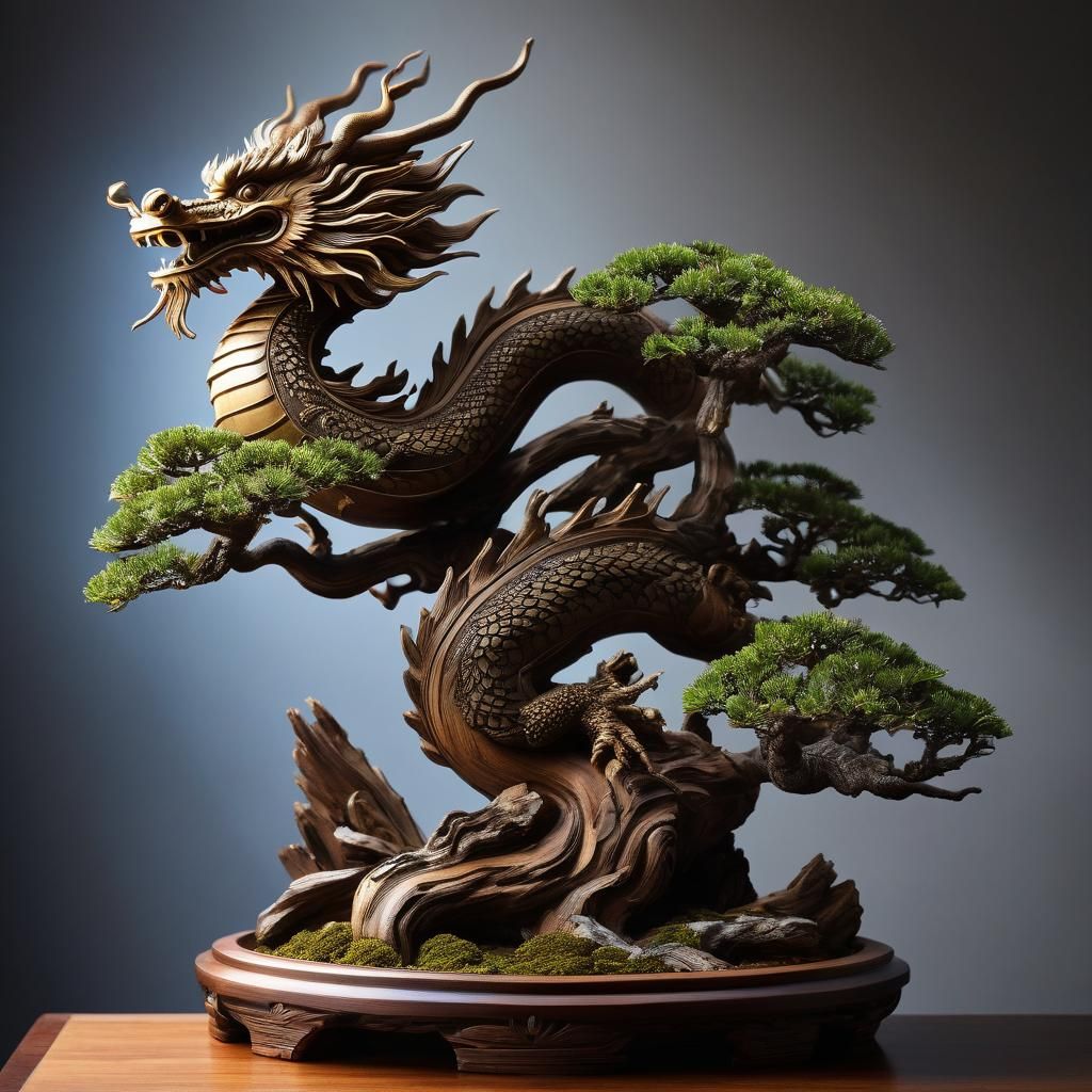 Dragon Soaring Into Bonsai Tree Wood Carving