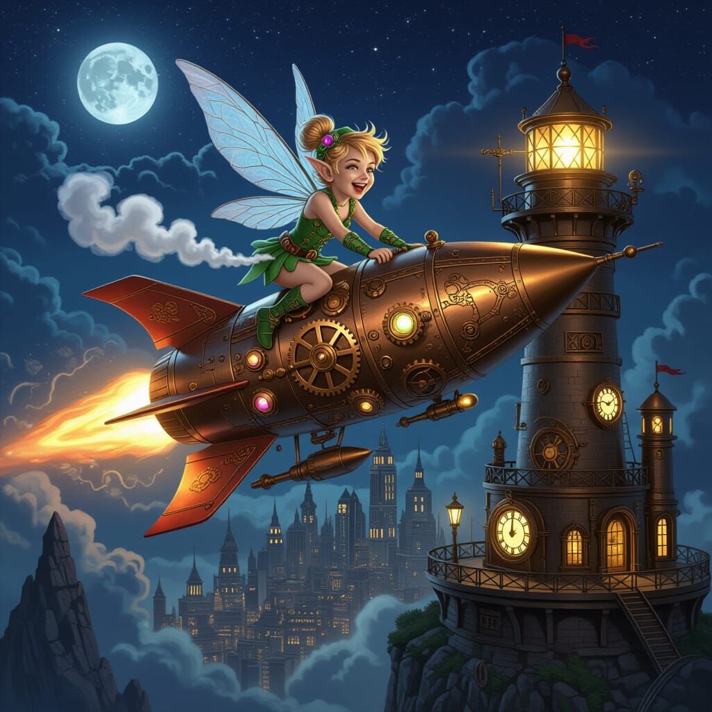 Pixie on Steampunk Rocket Soaring Through Skies