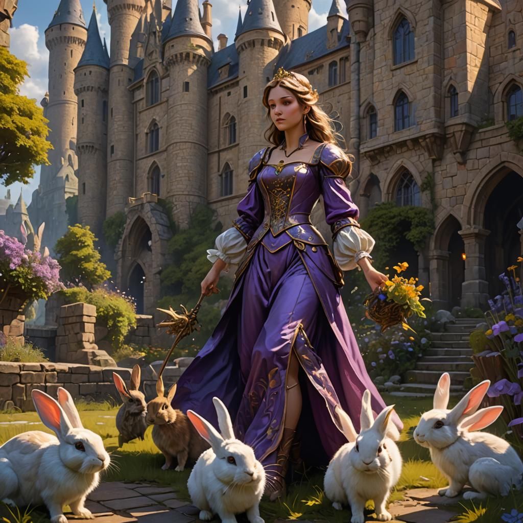Princess with Rabbits in Dark Fantasy Castle