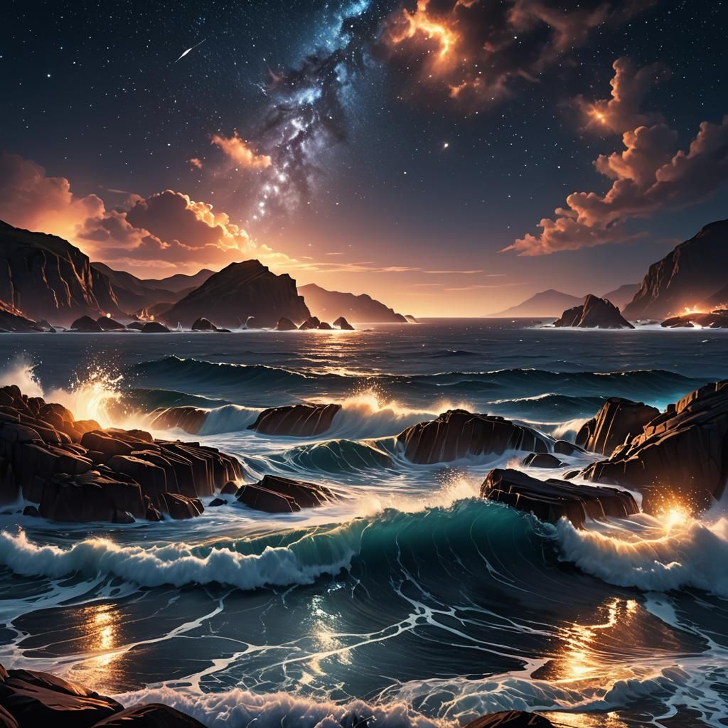 Luminescent Waves Crash on Rocky Coast Under Starry Sky