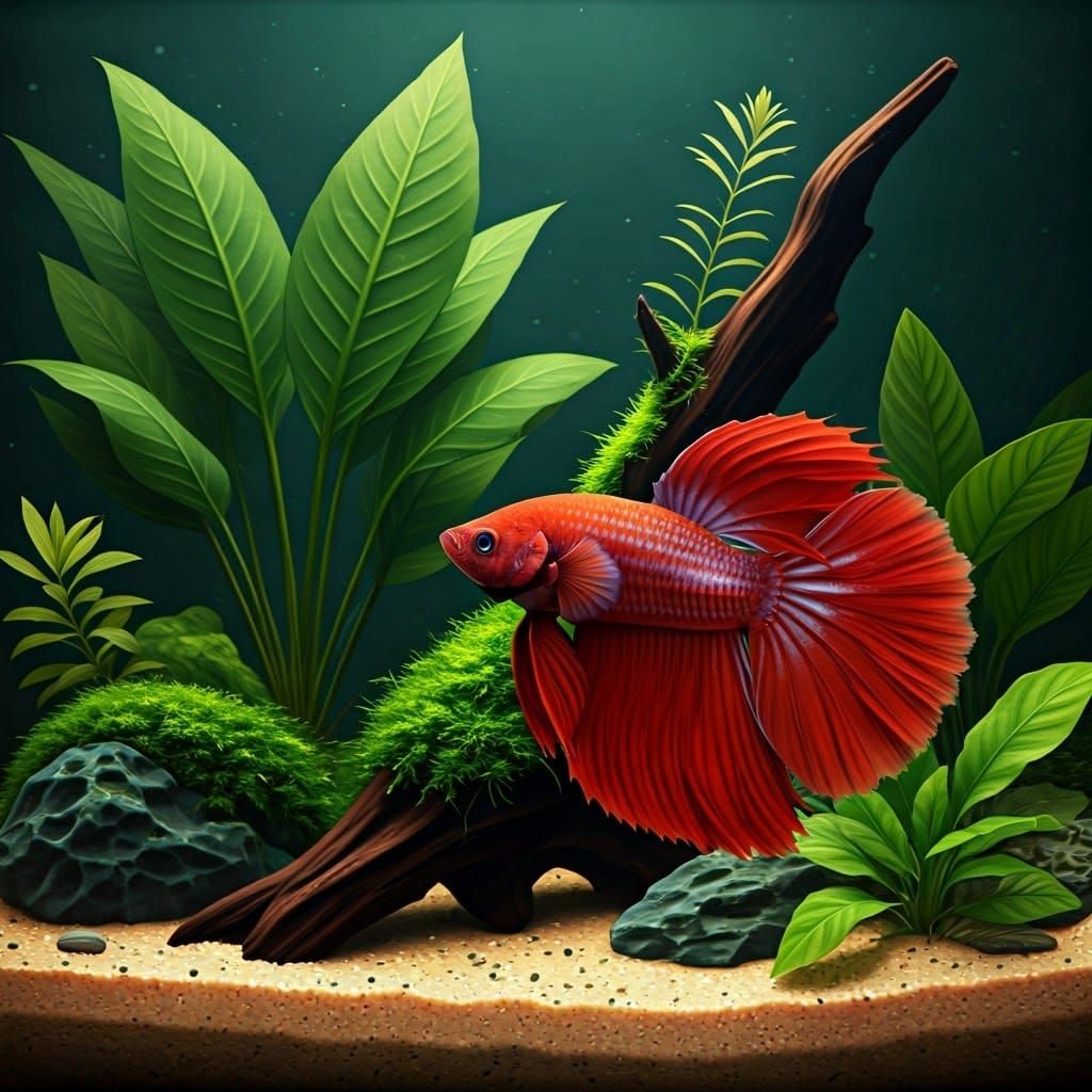 Realistic Underwater Scene of a Scarlet Red Betta Fish Habit...