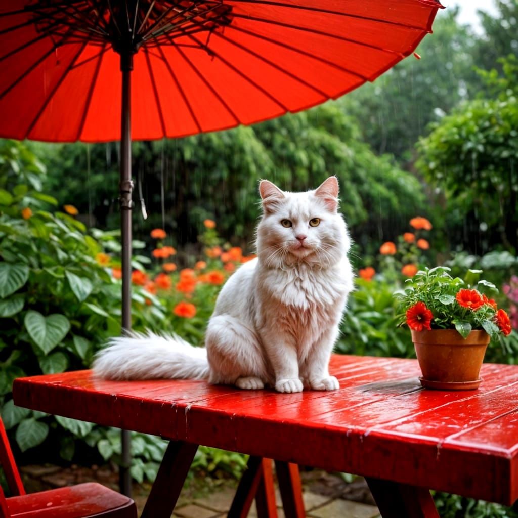 Cat Under Parasol Watching Summer Rain