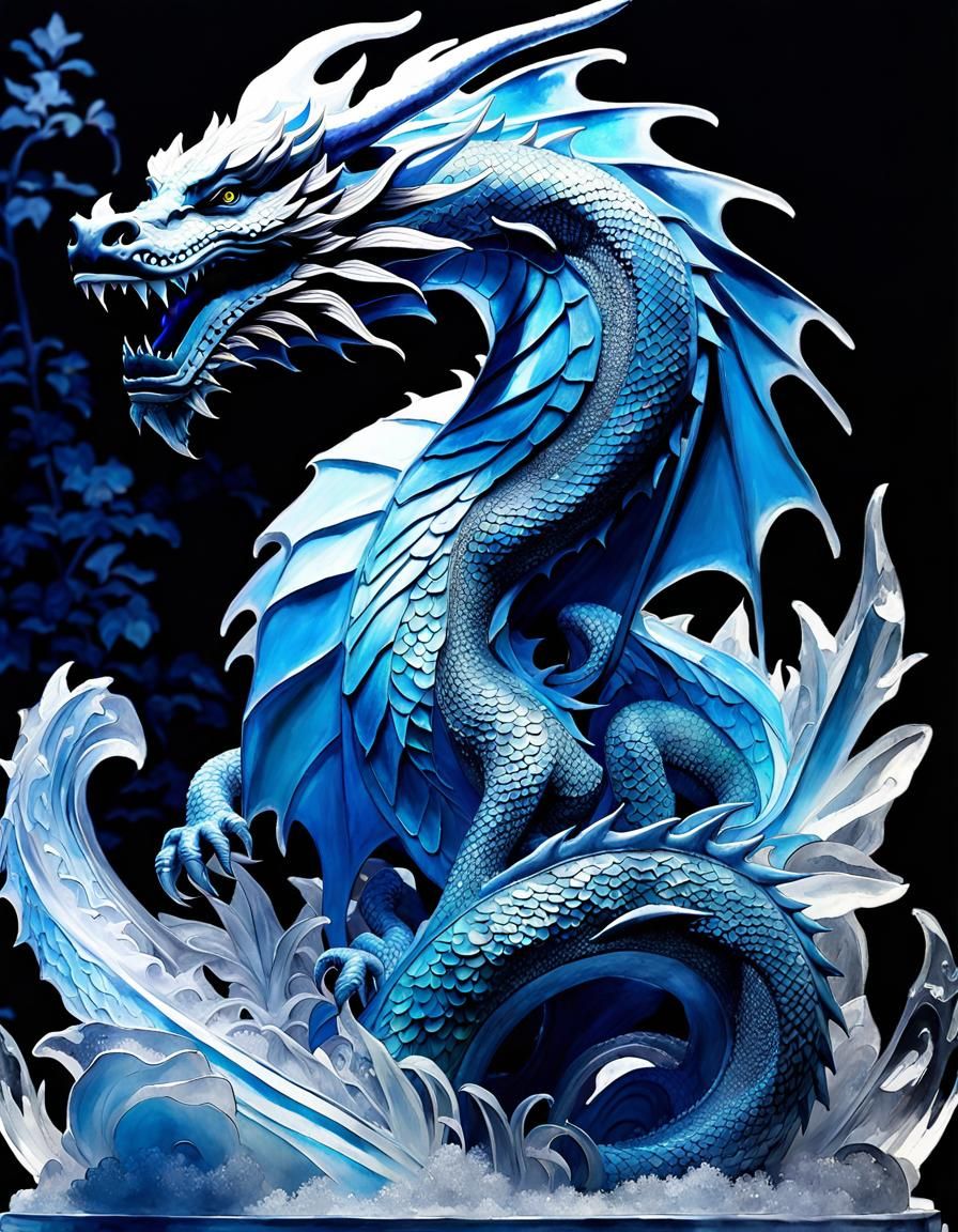 Ice Dragon Sculpture in Art Deco Watercolor Style