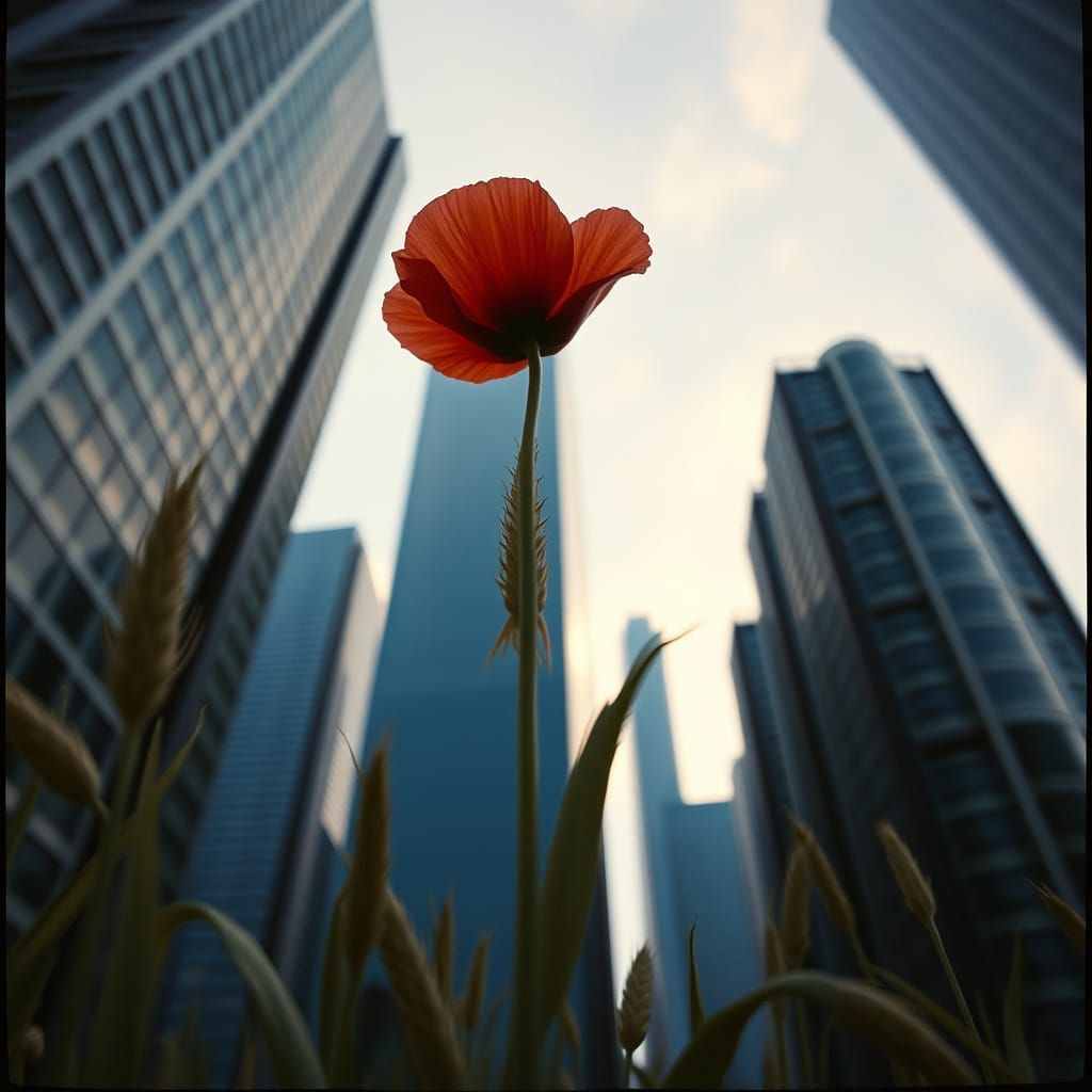 Wheat and Poppy in Futuristic Cityscape