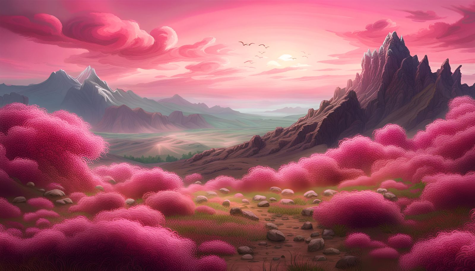 Pink Clouds Over Rolling Mountain Landscape