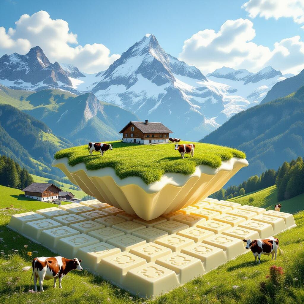 Surreal Swiss Alps with Floating Grass and Chocolate