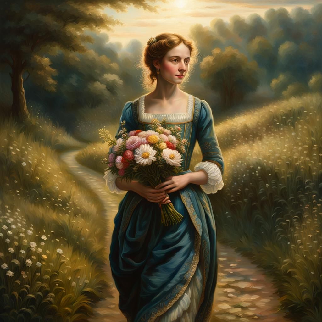 Baroque Woman in Meadow, Rembrandt Lighting