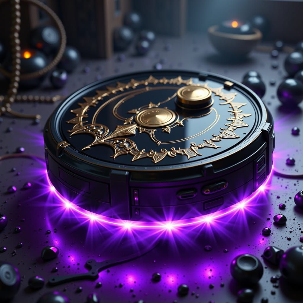Magical Orb Roomba with Gold Filigree and Purple Aura