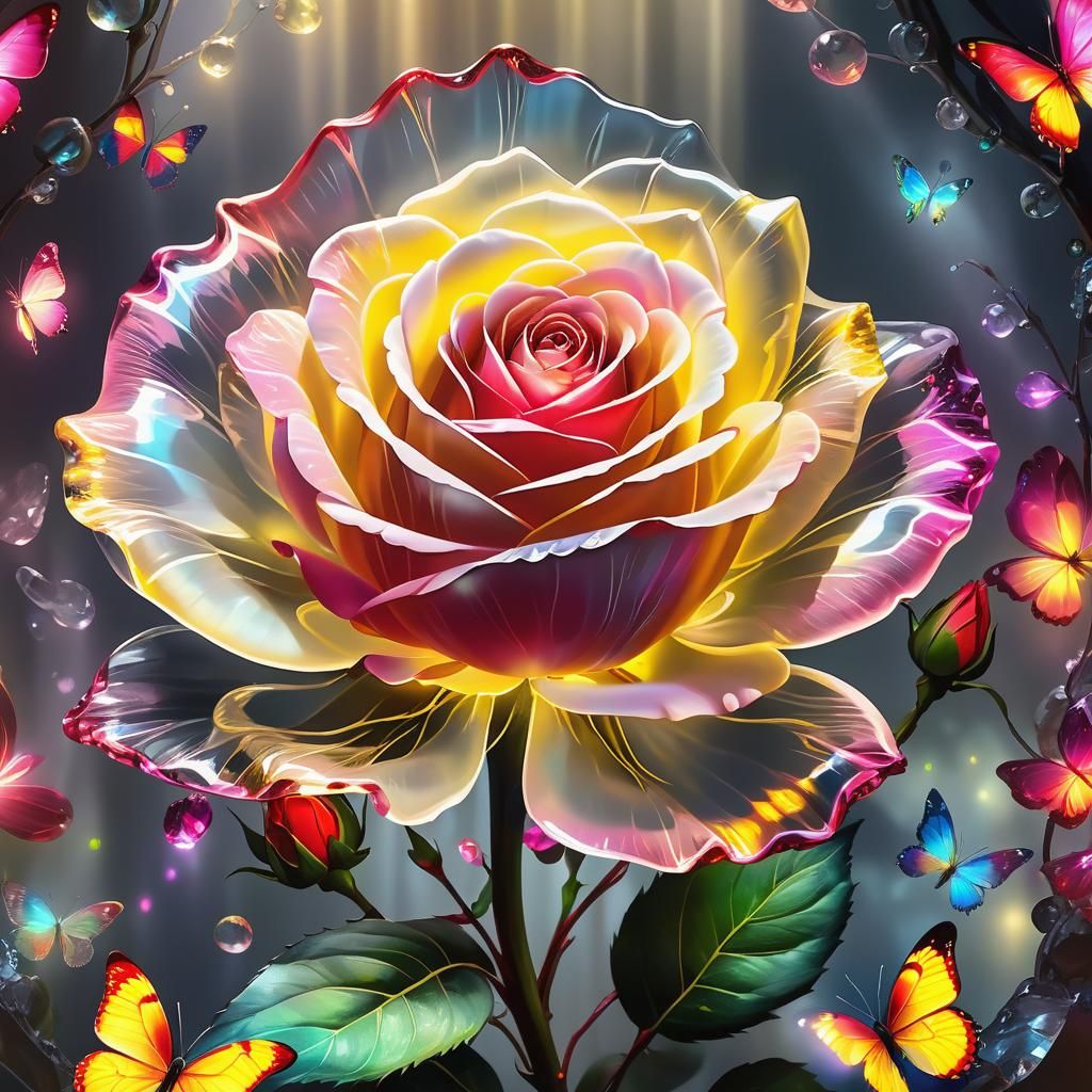 Bioluminescent Rose with Butterfly, Hyper-Detailed Art