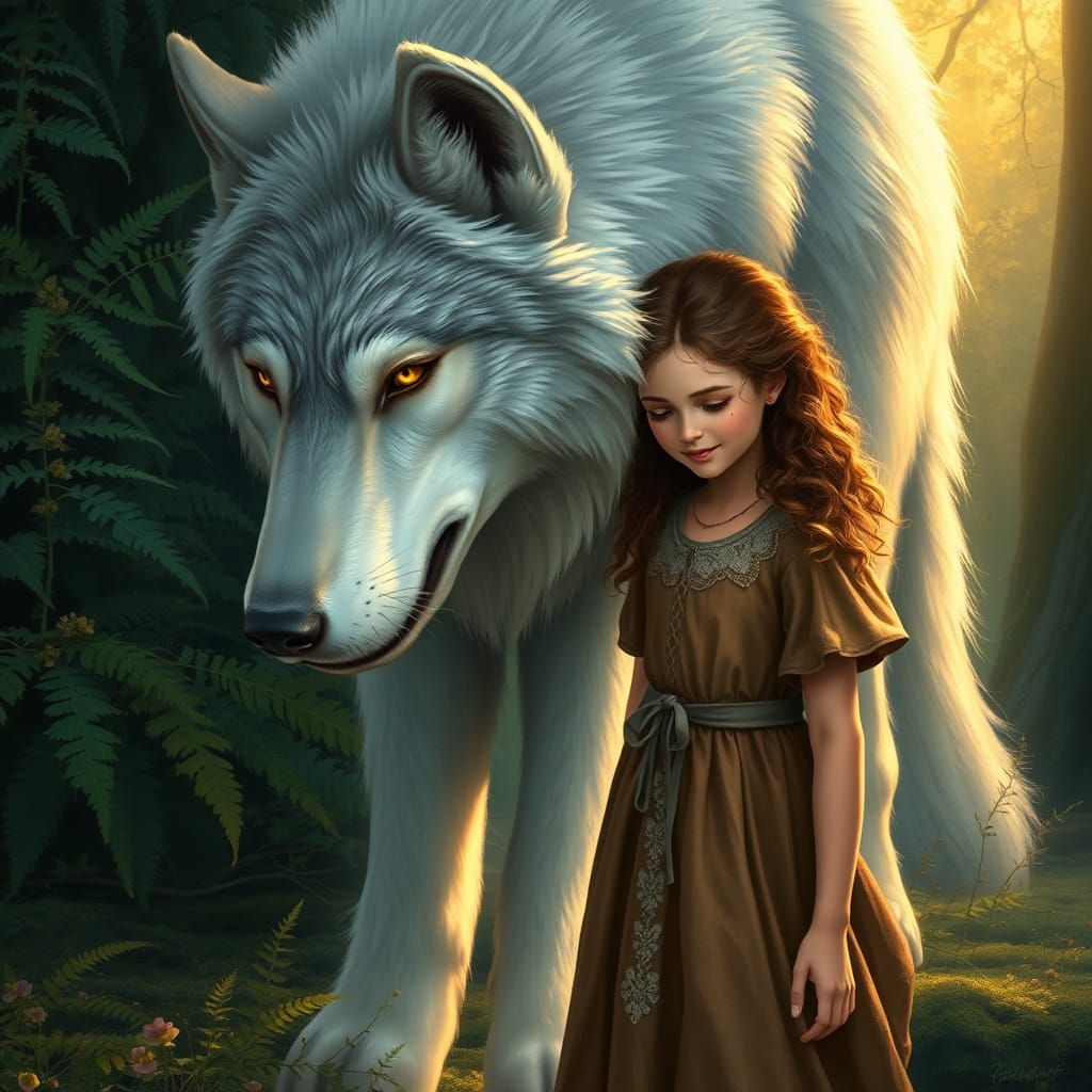 Girl and Majestic Wolf in Whimsical Forest Landscape