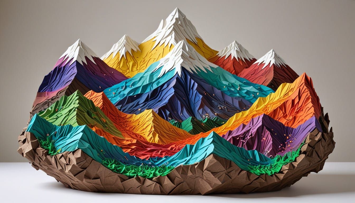 Vibrant Paper-Craft Mountains Emerge from Textured Faces