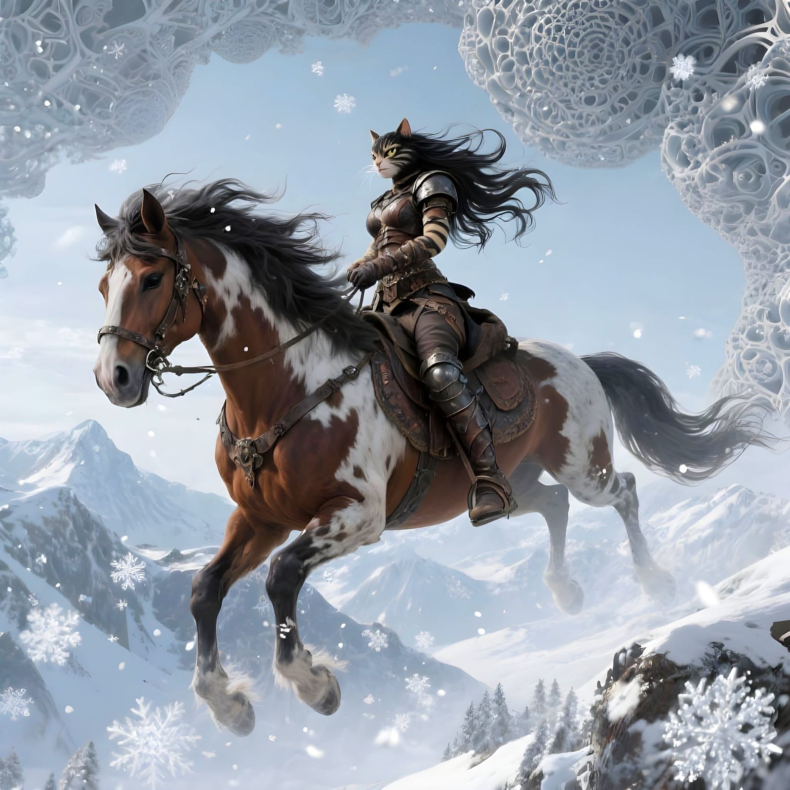 Warrior Cat-Woman Rides Flying Horse in Snowy Mountains