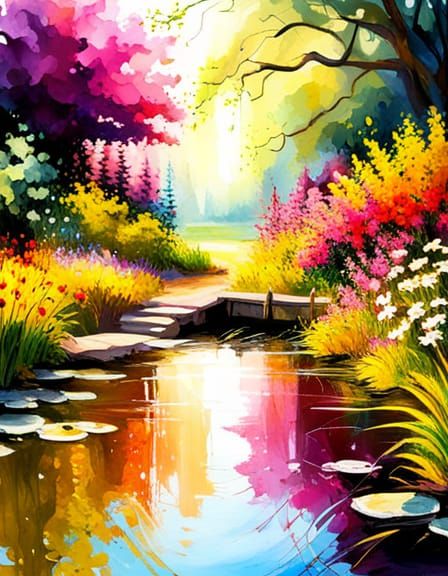 Overgrown Garden Splash Art with Pond and Wildflowers