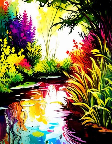 Overgrown Garden Splash Art with Wildflowers