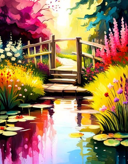Polychromatic Overgrown Garden with Pond, Splash Art Style