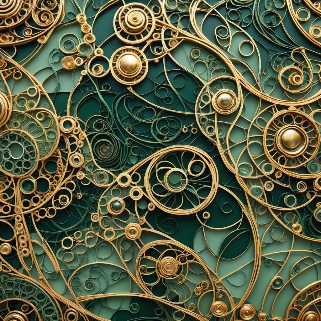 Luminous Abstract String Art in Green and Gold