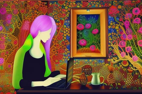 Night Cafe with Embroidered Lace Flowers in Gouache