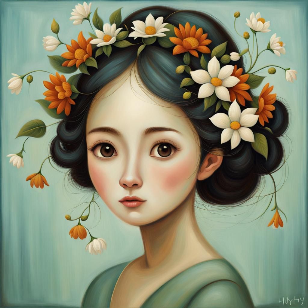 Floral Haired Woman: Watercolor Portrait