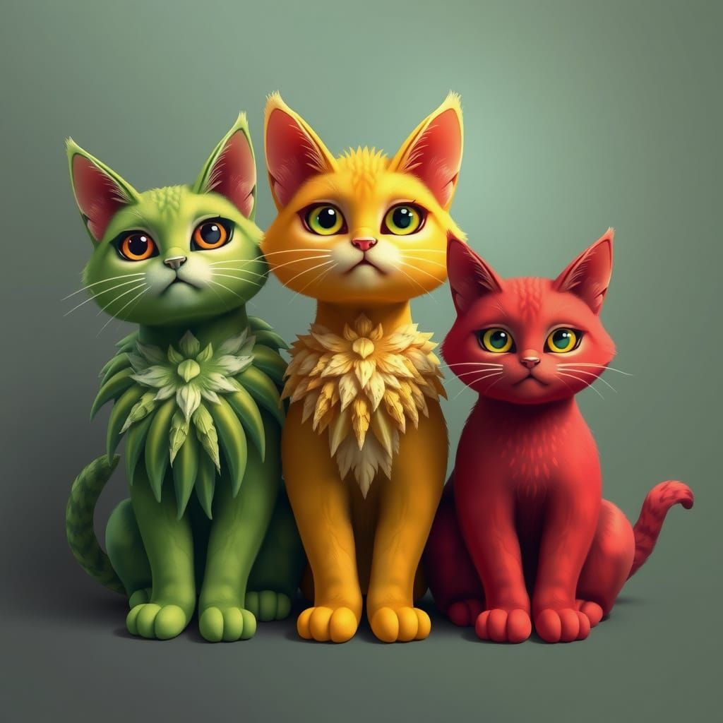Whimsical Feline Trio: Green Striped Cat, Yellow Banana Cat ...