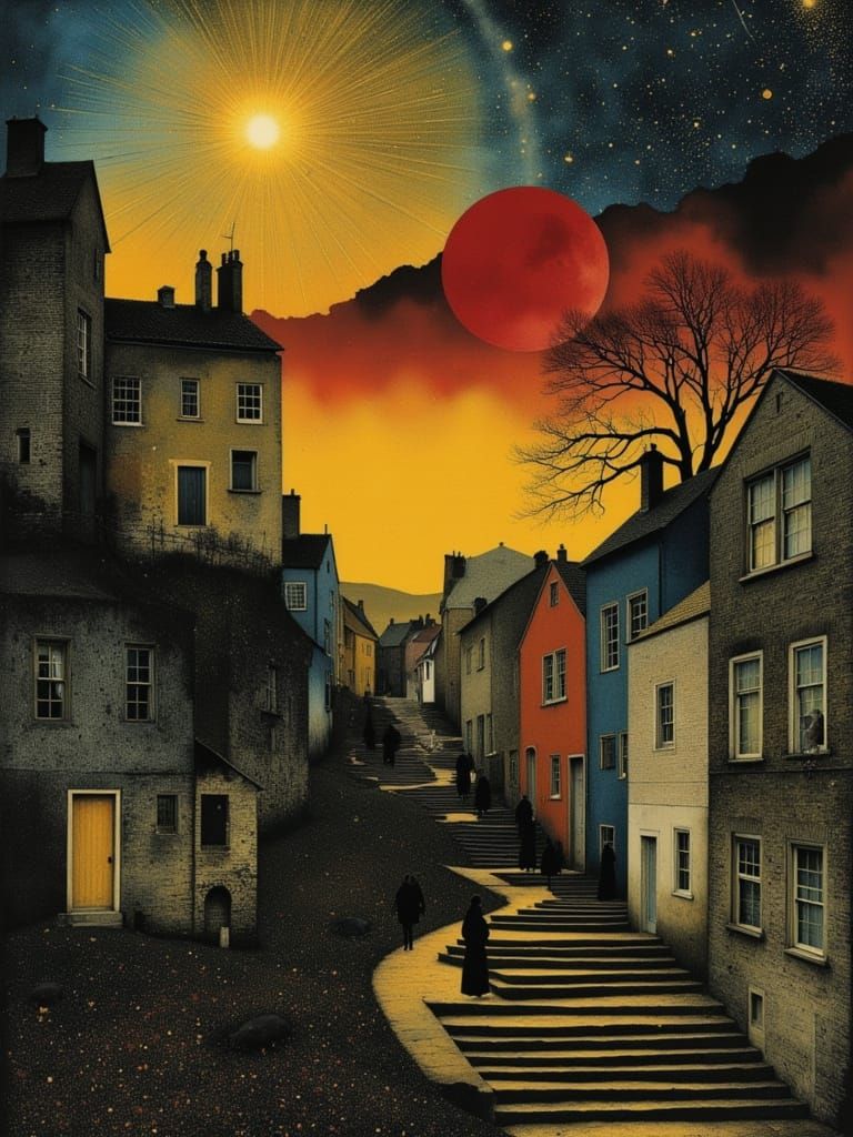 Golden Celestial Hellscape with Winding Staircase and Upside...