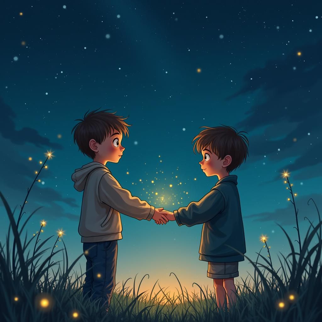 Boys Meet Alien Under Starry Sky: Digital Art