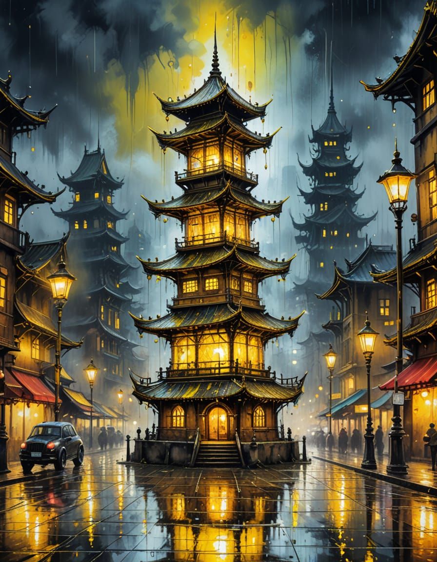 Steampunk Pagoda Illustration with Night City Background