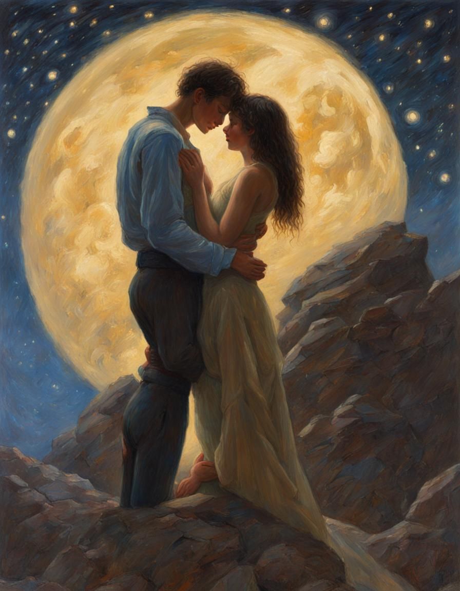 Lovers' Embrace Under Starlit Sky as Oil Painting