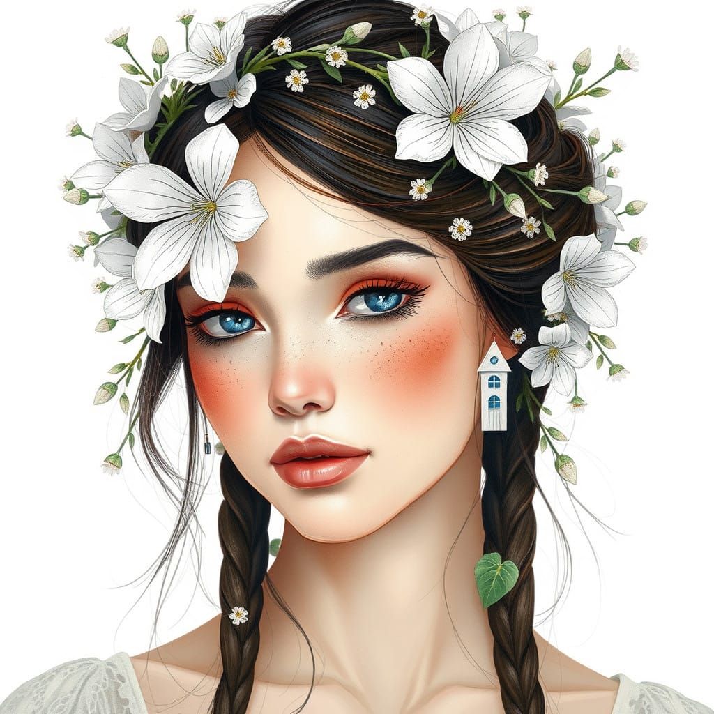 Whimsical Fantasy Landscape with Delicate Floral Wreath and...