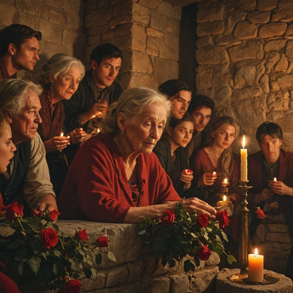 Golden Oil Painting: Elderly Woman and Feasting Elite