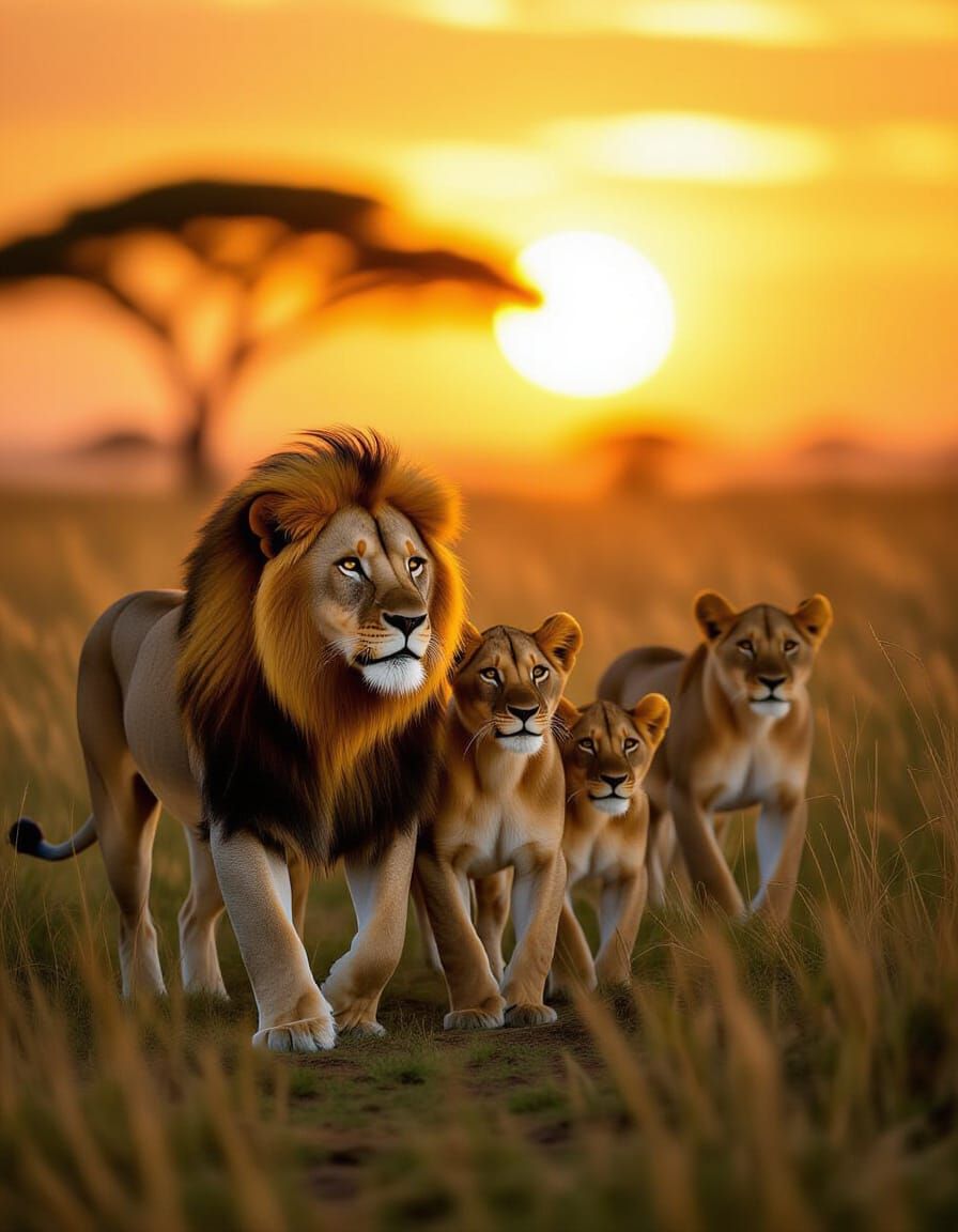 Lion Pride Roaming Golden Savanna at Sunset