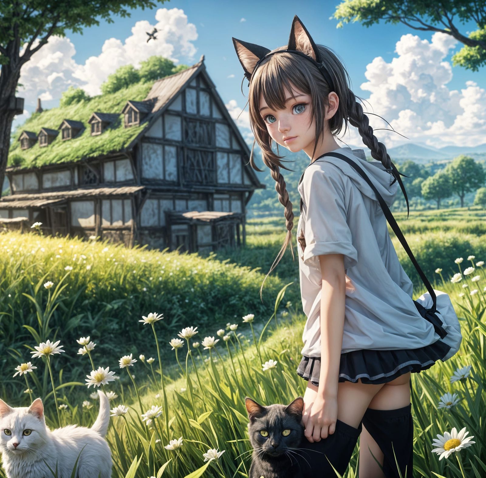 Anime Girl with Cat Ears in Field, 3D Art
