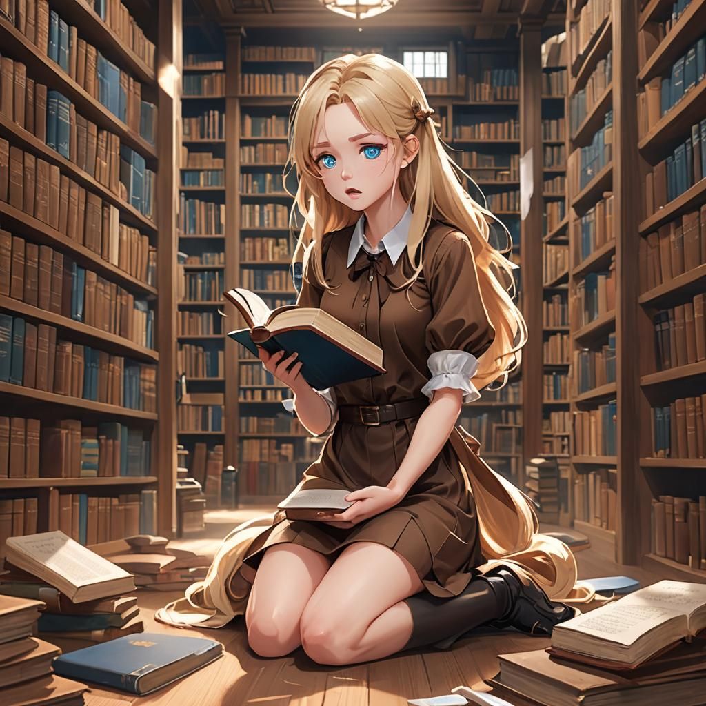 Anxious Girl with Book in Library, 3D Anime Art