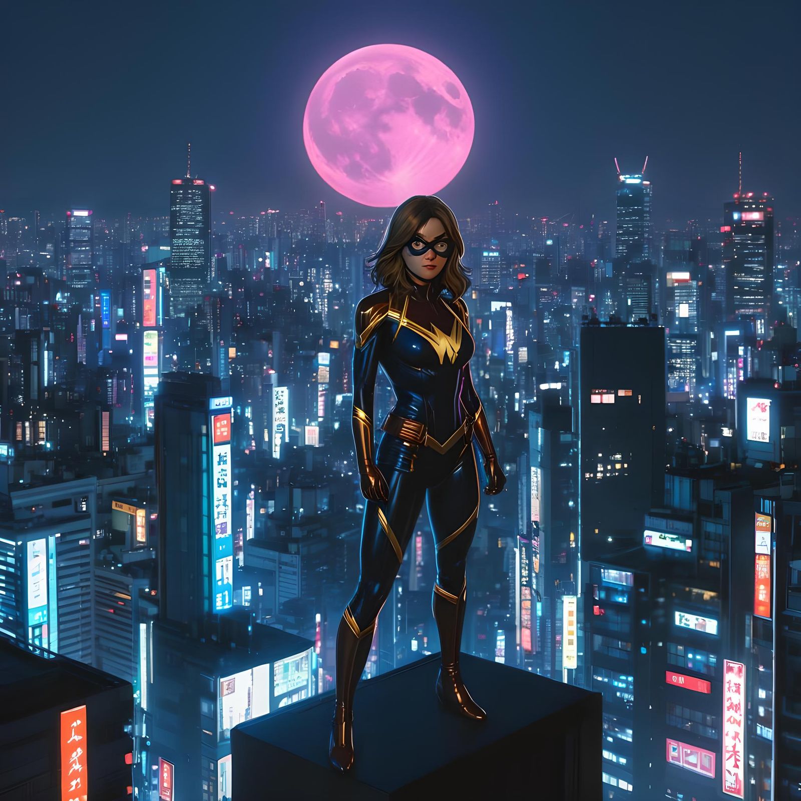 "Ms. Marvel" Tokyo, cyberpunk, omni luminescent, moonlit nig...