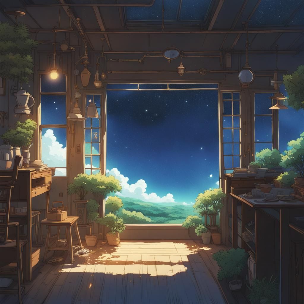 Anime Space Scene in Studio Ghibli Style