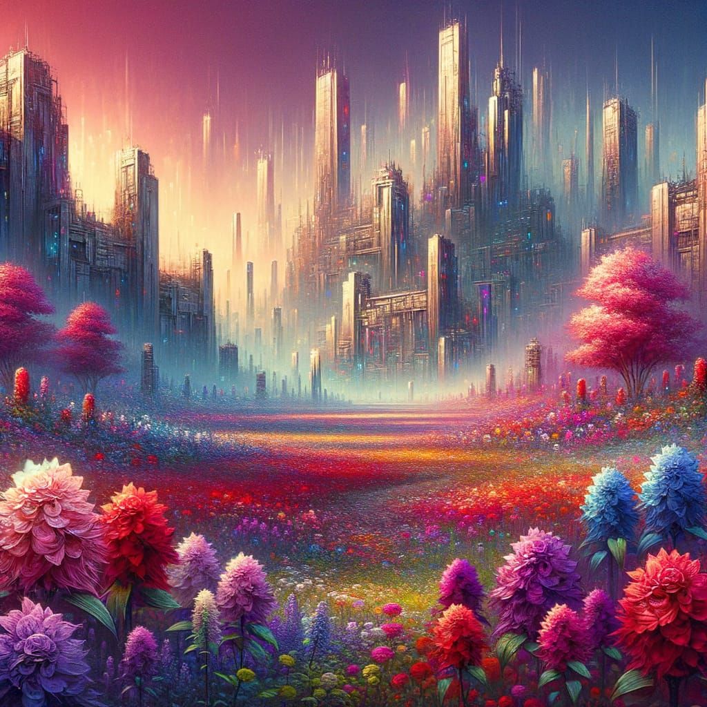 Vibrant Flowers Bloom in Cyberpunk Ruin