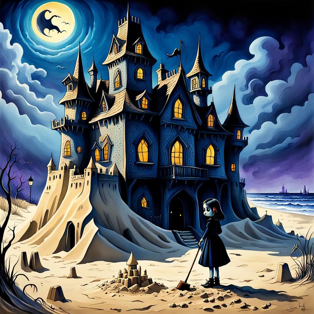 Goth Girl Builds Haunted Sandcastle in Gouache Style