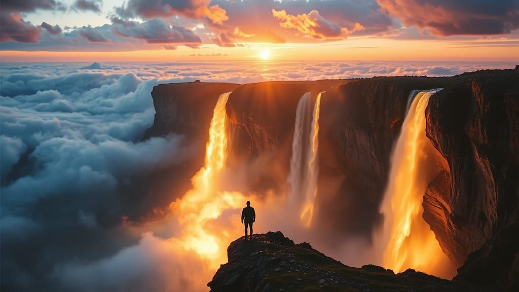 Glowing Waterfall from the Sky Above the Clouds