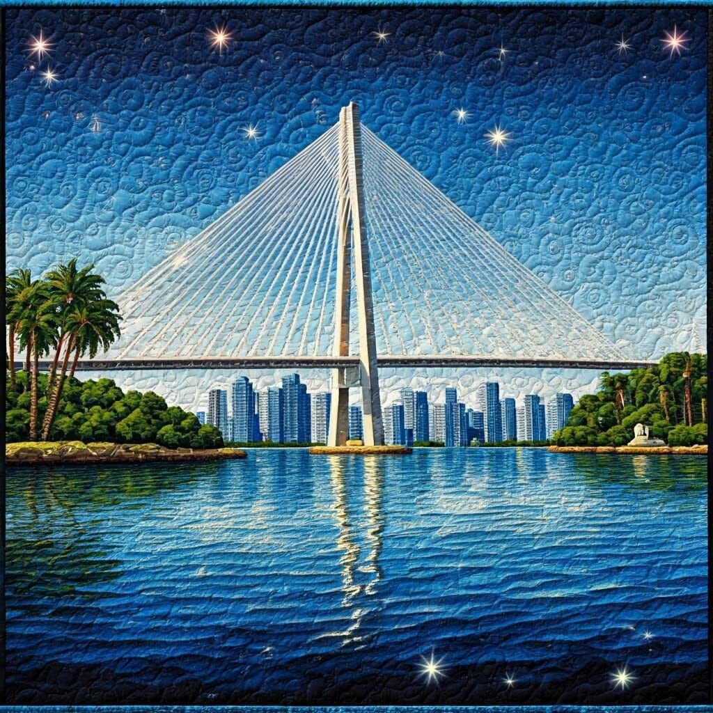 Vibrant Modern Quilted Cityscape Bridge